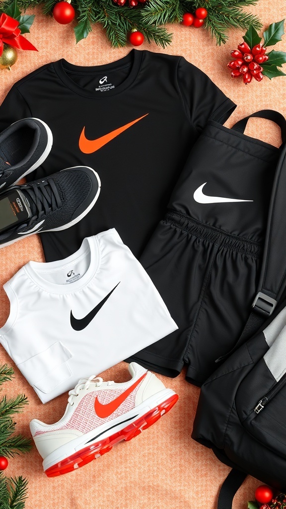 Nike gift items for Christmas including sneakers, t-shirt, shorts, backpack, and watch.